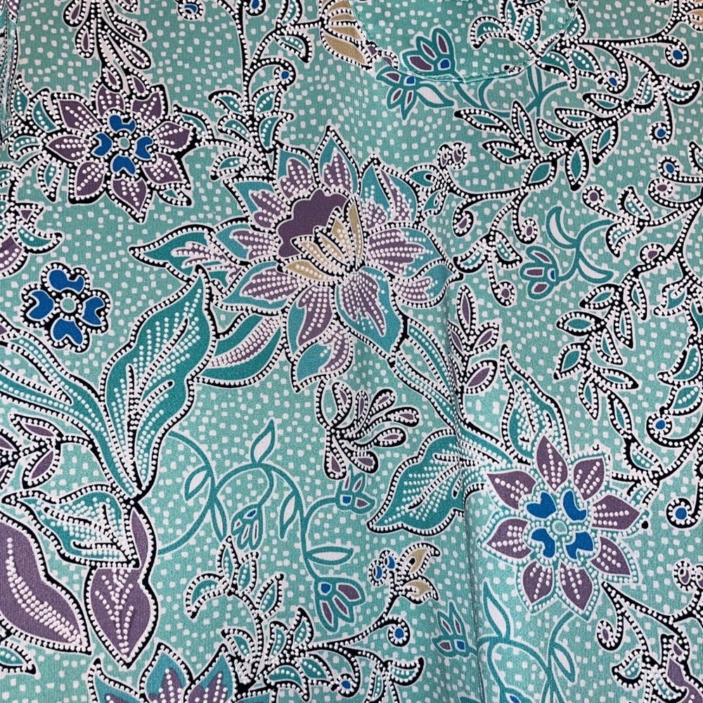 Ruby Rd. Aqua Floral V-Neck Ruffle Sleeve Blouse - Picture 3 of 6